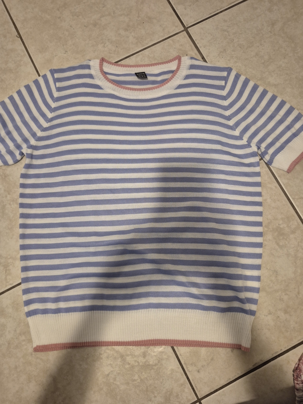 SHEIN Blue & White Striped Short-Sleeve Knit Top with Pink Trim
